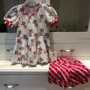 Cute Reindeer Print Peplum  with Red Plaid Accents and bubble shorts